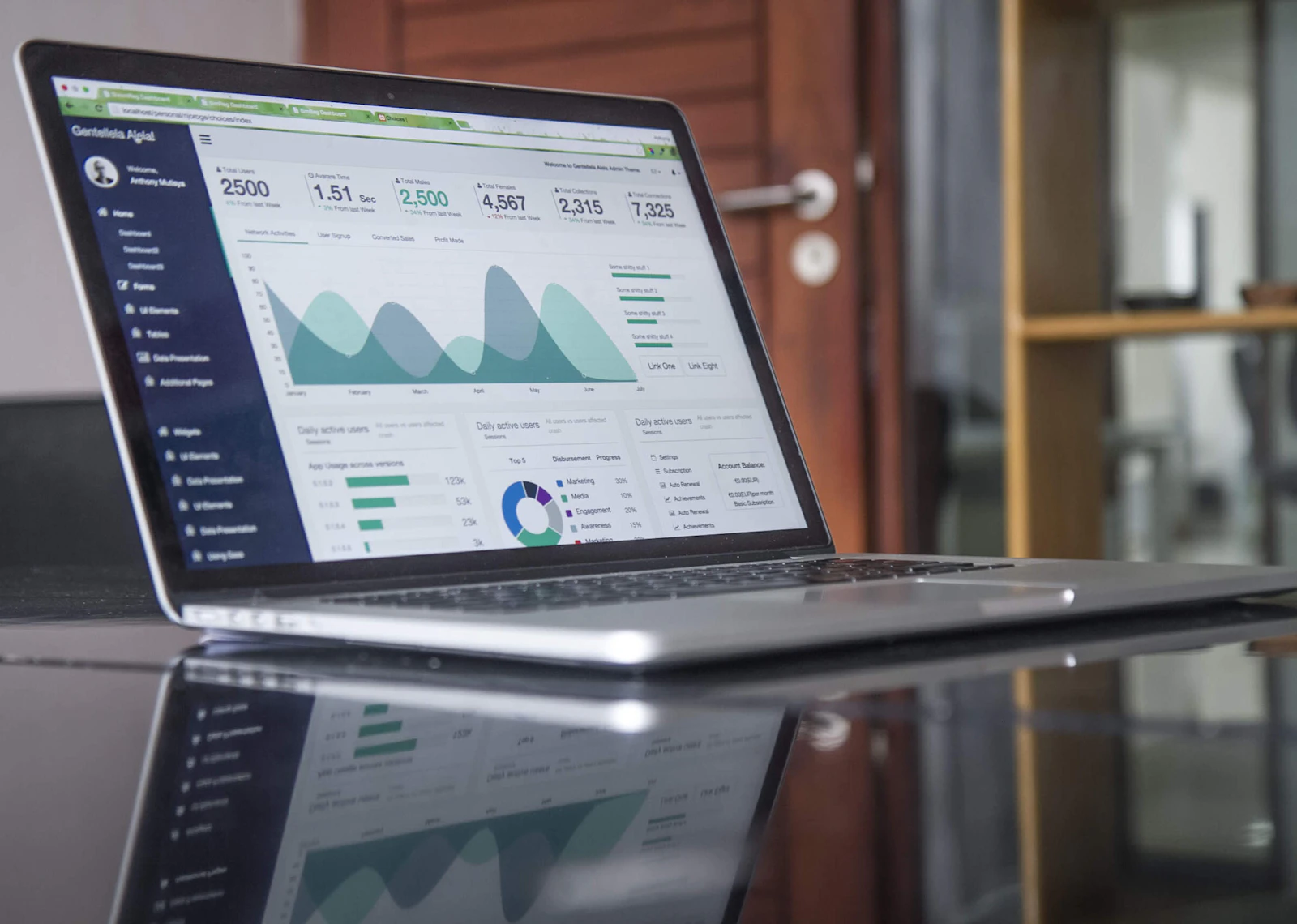 Mesa com notebook exibindo metricas e painel de analytics